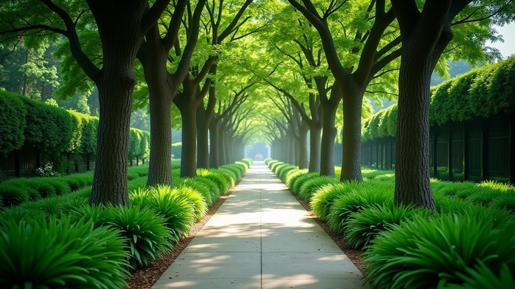 Scenic tree-lined pathway at Singapore Botanic Gardens with walking trails and natural greenery, peaceful morning ambiance