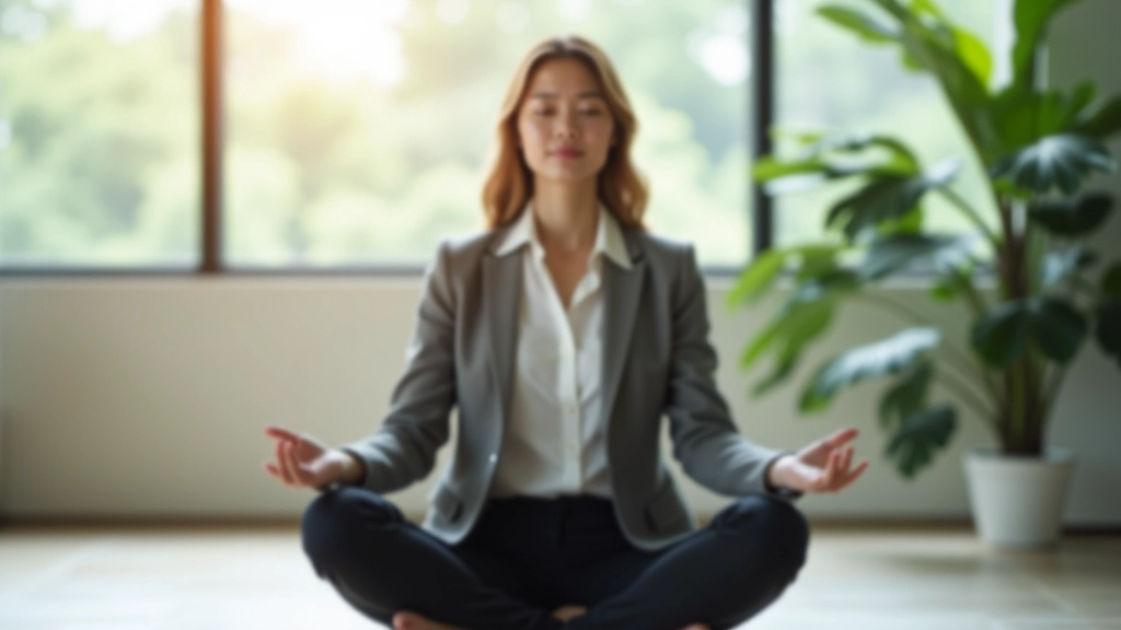 Woman in professional attire meditating peacefully during morning wellness routine in modern office space
