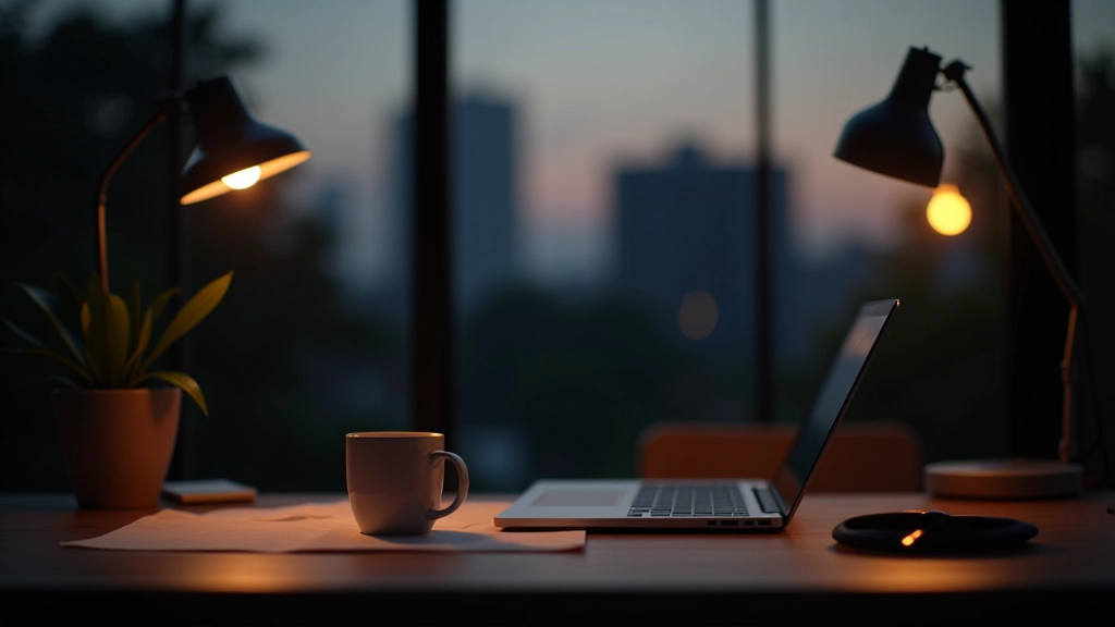 Calm workspace at evening with laptop closed, organized desk, warm lighting creating peaceful separation between work and personal time